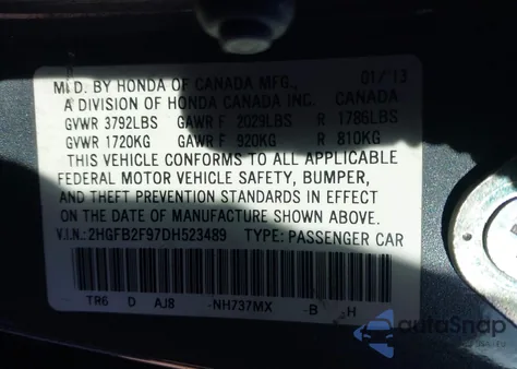 2013 Honda Civic Ex-L из США, поврежденный, VIN 2HGFB2F97DH523489